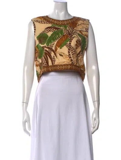 Pre-owned Farm Rio Linen Floral Print Crop Top W/ Tags In Brown