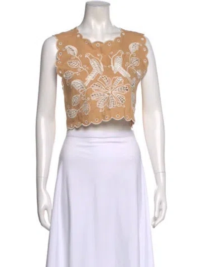 Pre-owned Farm Rio Linen Floral Print Crop Top W/ Tags In Orange
