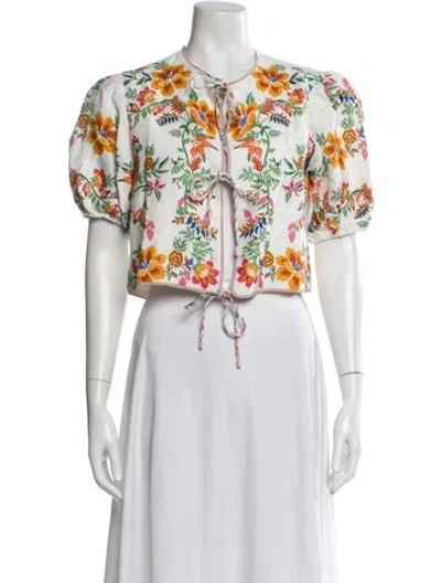 Pre-owned Farm Rio Linen Floral Print Evening Jacket In White