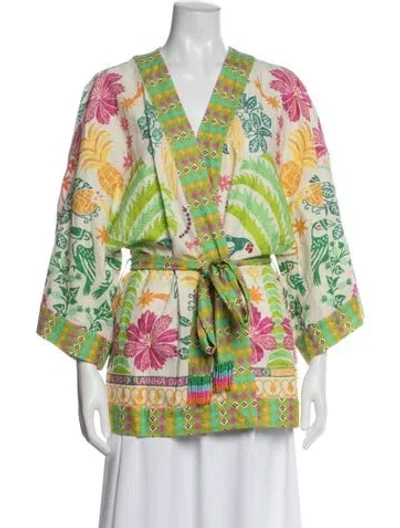 Pre-owned Farm Rio Linen Floral Print Jacket W/ Tags In Green