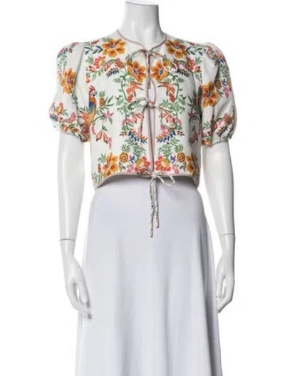 Pre-owned Farm Rio Linen Floral Print Jacket In White