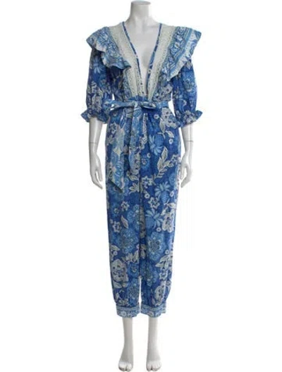 Pre-owned Farm Rio Linen Floral Print Jumpsuit In Blue