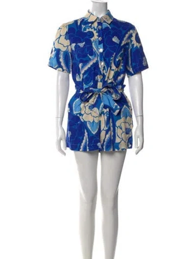Pre-owned Farm Rio Linen Floral Print Jumpsuit In Blue