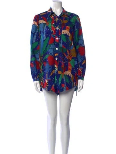 Pre-owned Farm Rio Linen Floral Print Jumpsuit In Blue