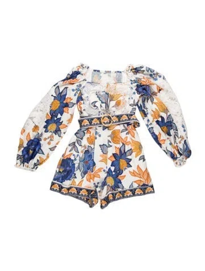 Pre-owned Farm Rio Linen Floral Print Jumpsuit In Blue