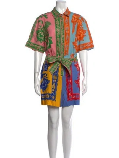 Pre-owned Farm Rio Linen Floral Print Jumpsuit In Blue/pink