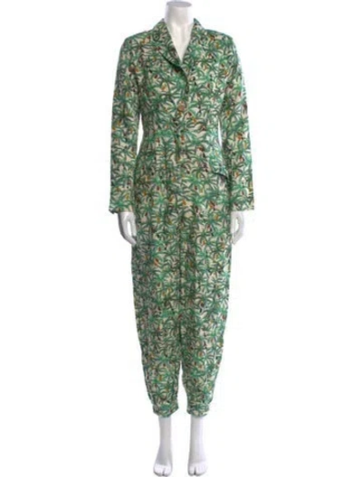 Pre-owned Farm Rio Linen Floral Print Jumpsuit In Green