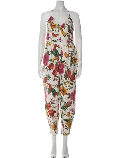 Pre-owned Farm Rio Linen Floral Print Jumpsuit In Green