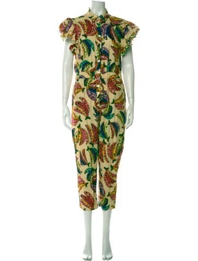 Pre-owned Farm Rio Linen Floral Print Jumpsuit In Green