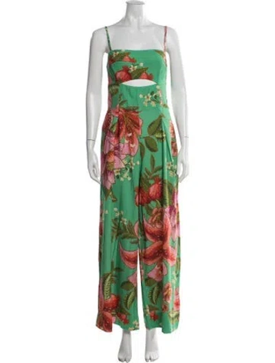 Pre-owned Farm Rio Linen Floral Print Jumpsuit In Green