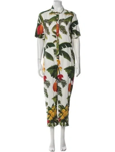 Pre-owned Farm Rio Linen Floral Print Jumpsuit In Green