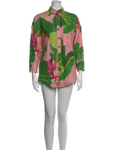 Pre-owned Farm Rio Linen Floral Print Jumpsuit In Green