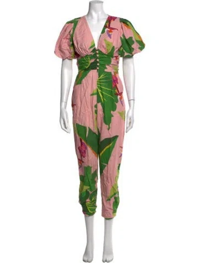Pre-owned Farm Rio Linen Floral Print Jumpsuit In Green/pink