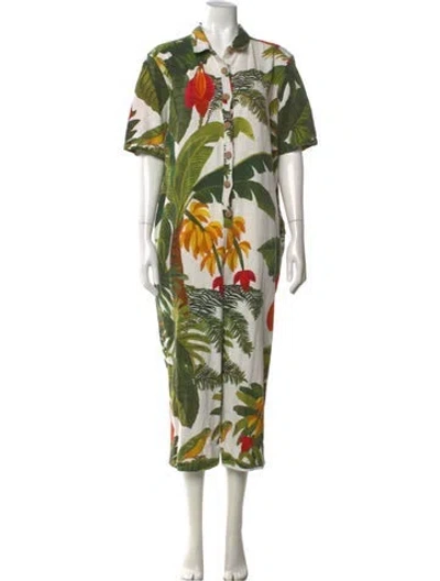 Pre-owned Farm Rio Linen Floral Print Jumpsuit In Green/white