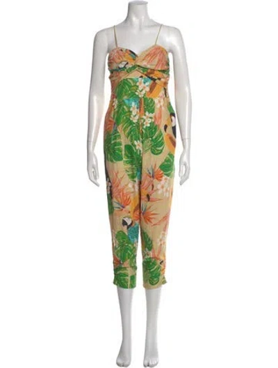 Pre-owned Farm Rio Linen Floral Print Jumpsuit In Neutral