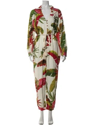 Pre-owned Farm Rio Linen Floral Print Jumpsuit In Neutrals