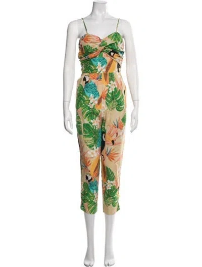 Pre-owned Farm Rio Linen Floral Print Jumpsuit In Neutrals