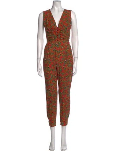 Pre-owned Farm Rio Linen Floral Print Jumpsuit In Orange