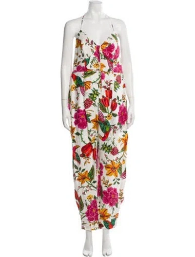 Pre-owned Farm Rio Linen Floral Print Jumpsuit In Pink