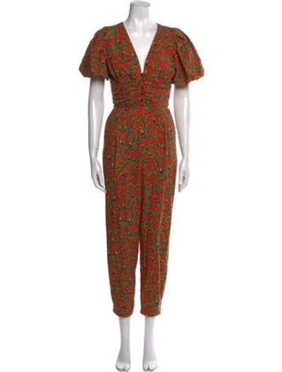 Pre-owned Farm Rio Linen Floral Print Jumpsuit In Red