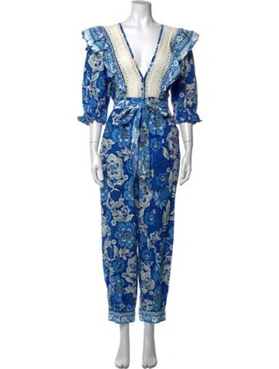 Pre-owned Farm Rio Linen Floral Print Jumpsuit W/ Tags In Blue
