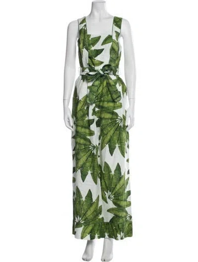 Pre-owned Farm Rio Linen Floral Print Jumpsuit W/ Tags In Green