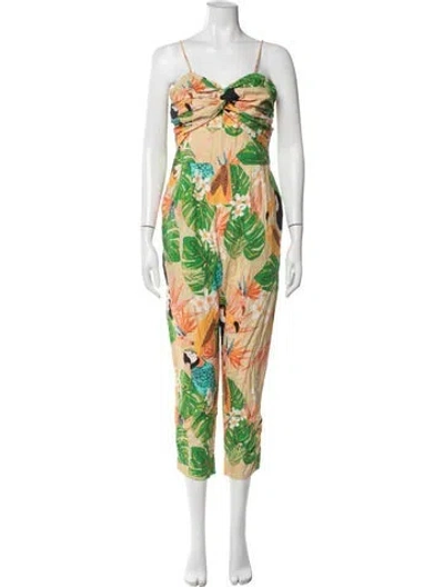 Pre-owned Farm Rio Linen Floral Print Jumpsuit W/ Tags In Neutral