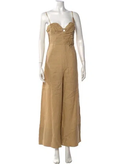 Pre-owned Farm Rio Linen Floral Print Jumpsuit W/ Tags In Neutrals