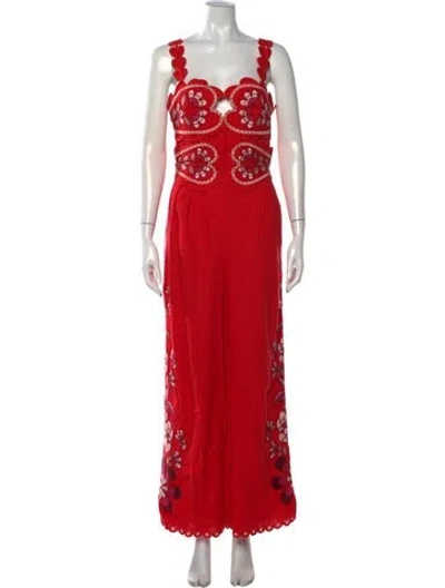 Pre-owned Farm Rio Linen Floral Print Jumpsuit W/ Tags In Red