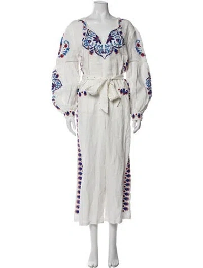 Pre-owned Farm Rio Linen Floral Print Jumpsuit In White