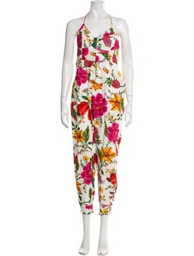 Pre-owned Farm Rio Linen Floral Print Jumpsuit In White