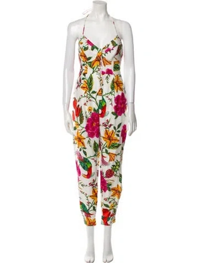 Pre-owned Farm Rio Linen Floral Print Jumpsuit In White