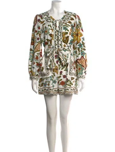 Pre-owned Farm Rio Linen Floral Print Jumpsuit In White