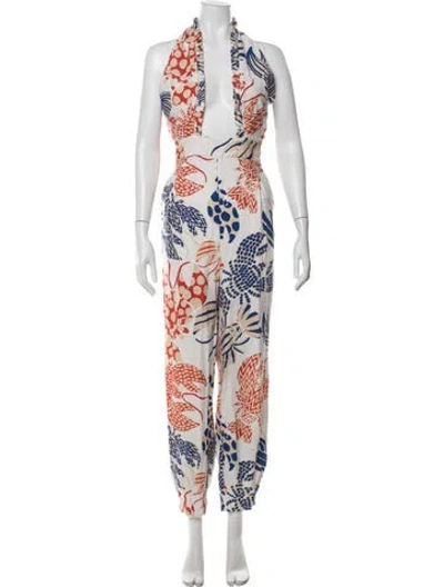 Pre-owned Farm Rio Linen Floral Print Jumpsuit In White