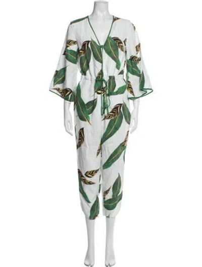 Pre-owned Farm Rio Linen Floral Print Jumpsuit In White