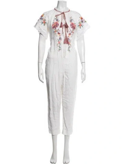 Pre-owned Farm Rio Linen Floral Print Jumpsuit In White