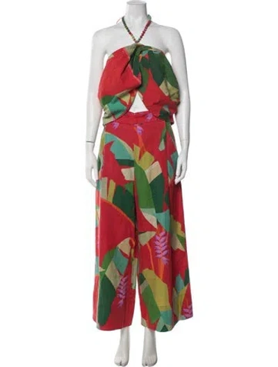 Pre-owned Farm Rio Linen Floral Print Pant Set In Red