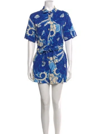 Pre-owned Farm Rio Linen Floral Print Romper In Blue
