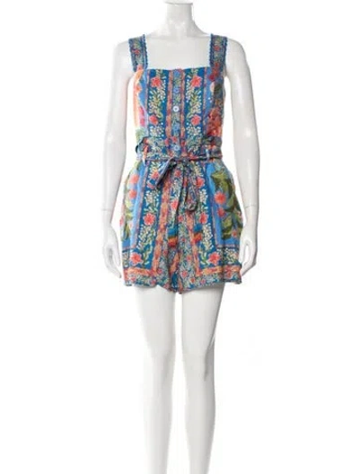 Pre-owned Farm Rio Linen Floral Print Romper In Blue