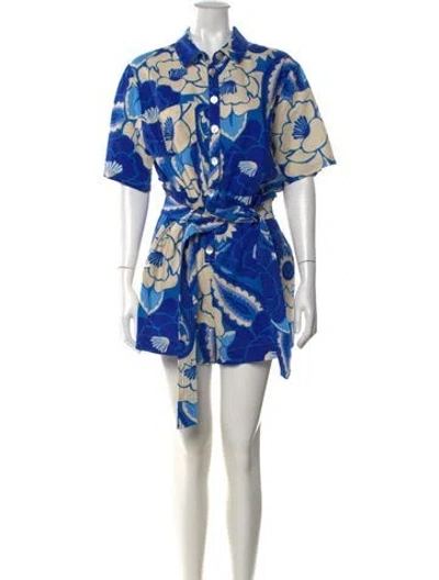 Pre-owned Farm Rio Linen Floral Print Romper In Blue