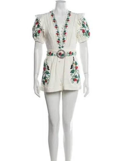 Pre-owned Farm Rio Linen Floral Print Romper In Blue