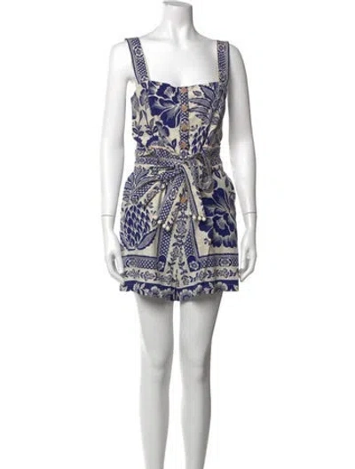 Pre-owned Farm Rio Linen Floral Print Romper In Blue
