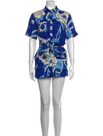 Pre-owned Farm Rio Linen Floral Print Romper In Blue