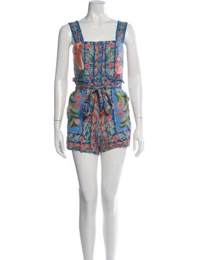 Pre-owned Farm Rio Linen Floral Print Romper In Blue