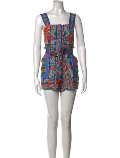 Pre-owned Farm Rio Linen Floral Print Romper In Blue