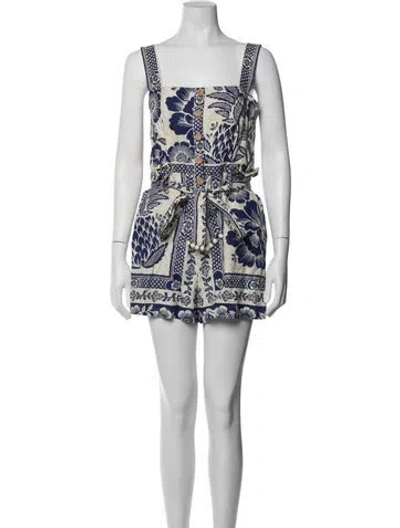 Pre-owned Farm Rio Linen Floral Print Romper In Blue