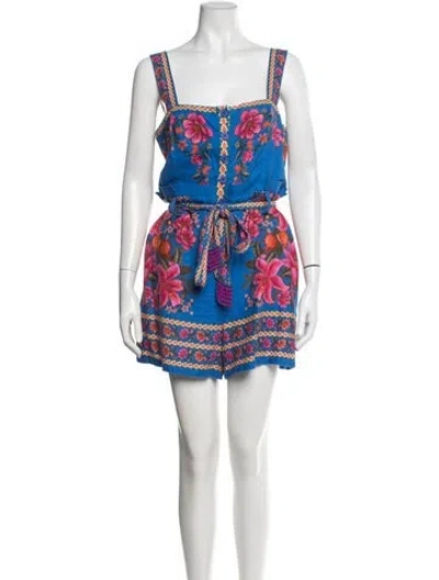 Pre-owned Farm Rio Linen Floral Print Romper In Blue