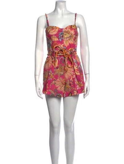 Pre-owned Farm Rio Linen Floral Print Romper In Blue