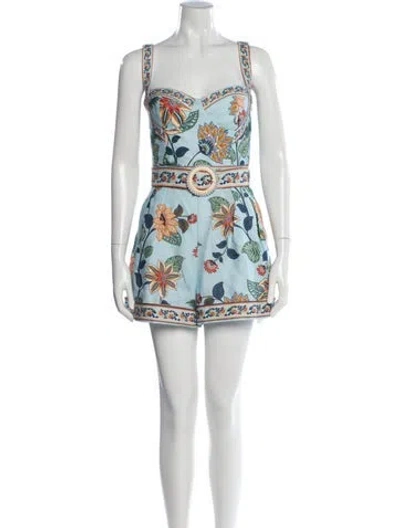 Pre-owned Farm Rio Linen Floral Print Romper In Blue