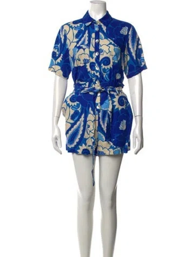 Pre-owned Farm Rio Linen Floral Print Romper In Blue